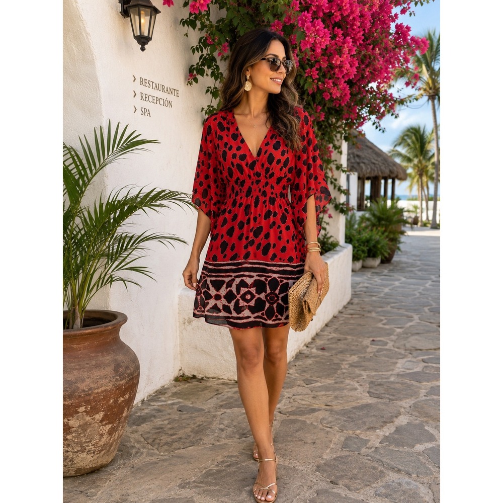 INC International Concepts Red Animal Print Kimono Sleeve Faux Wrap Dress Size 4